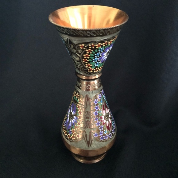 Vintage Hand Painted & Etched Copper Vase with Floral Designs - Picture 3 of 16